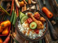 Bruneian-Style Nasi Katok (Spiced Chicken, Sambal, and Cucumber with Rice)
