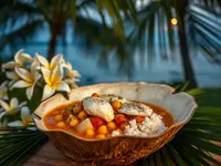 Marshallese-Style Coconut Fish, Chickpea, and Tomato Stew with Rice
